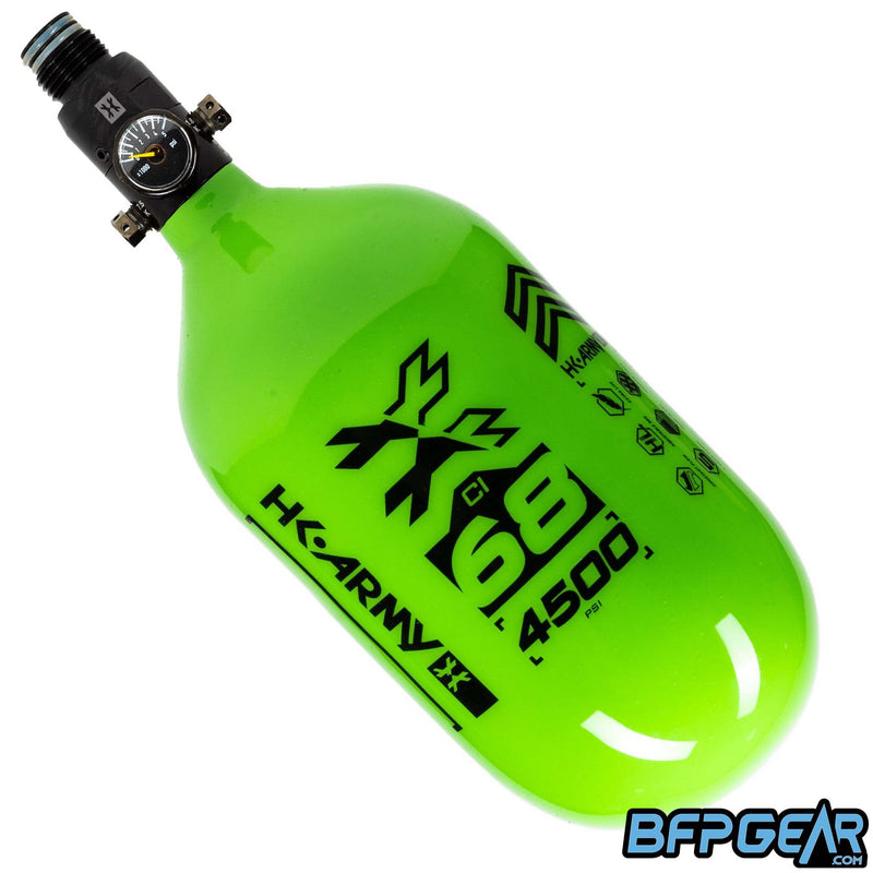 The HK Army 68ci Aerolite Rush tank in neon green and black, paired with the standard regulator.