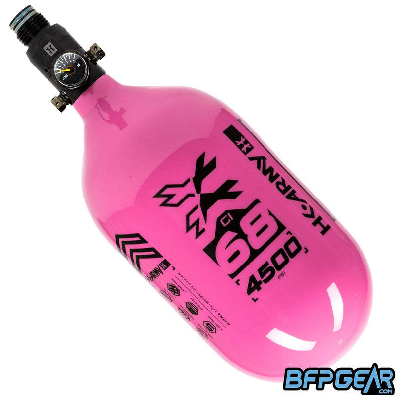 The HK Army 68ci Aerolite Rush tank in pink and black, paired with the standard regulator.