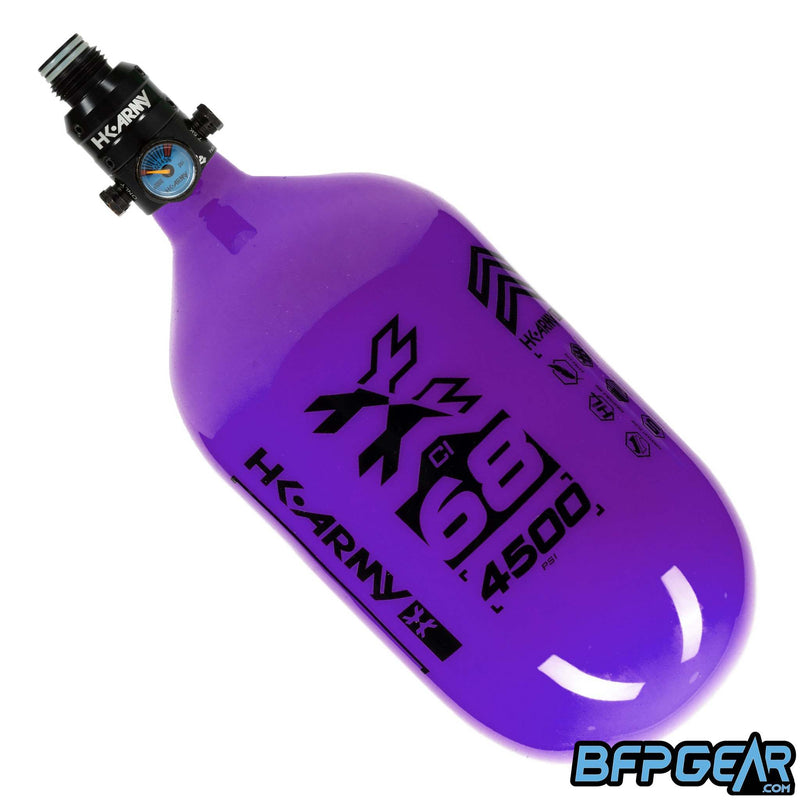 The HK Army 68ci Aerolite Rush tank in purple and black, paired with the Pro Regulator.