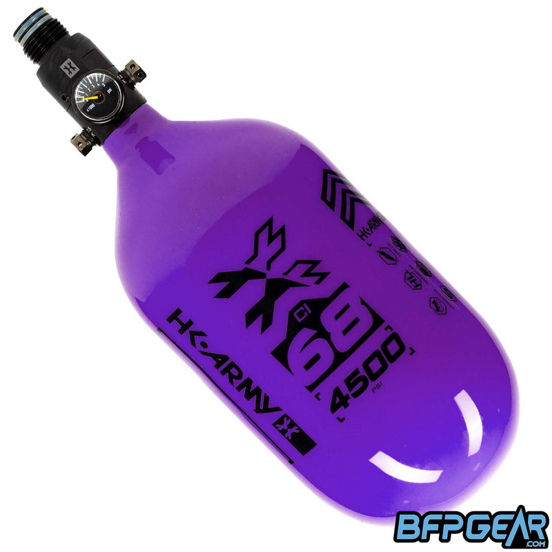 The HK Army 68ci Aerolite Rush tank in purple and black, paired with the standard regulator.