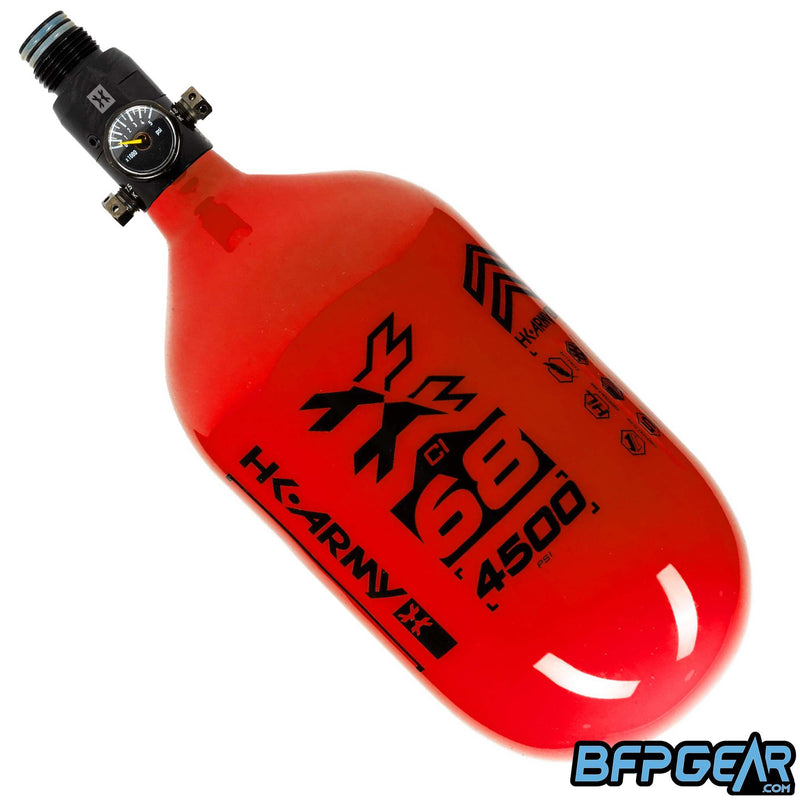 The HK Army 68ci Aerolite Rush tank in red and black, paired with the standard regulator.