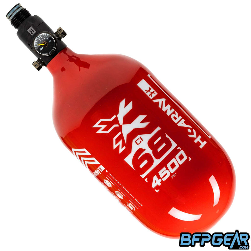 The HK Army 68ci Aerolite Rush tank in red and white, paired with the standard regulator.