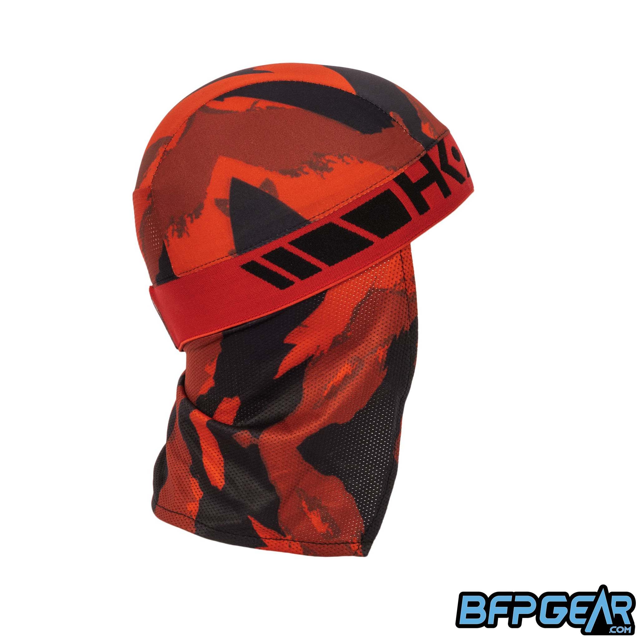 Side view of the Skull Cap in the Blaze colorway. Mesh lining drapes down the back of the neck to help keep you warm in the cold weather, or to block the sun during hot weather. Elastic band to keep the skull cap secured on you for minimal to zero movement. The elastic band is all black.