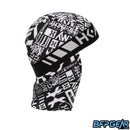 Side view of the Skull Cap in the Chaos Black color way. Mesh lining drapes down the back of the neck to help keep you warm in the cold weather, or to block the sun during hot weather. Elastic band to keep the skull cap secured on you for minimal to zero movement. The elastic band is all black.