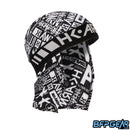 An angled shot of the Chaos Black Skull Wrap. White HK ARMY logo is stitched into the black elastic band.