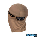 An angled view of the back of the skull cap in the Dune color way. The elastic band secures firmly with velcro, and shows off an HK Army tag on the back. The mesh lining goes from the apex of the back of your head down over your neck for the best ventilation. The retro pattern goes all around the elastic band.