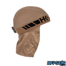 Side view of the Skull Cap in the Dune colorway. Mesh lining drapes down the back of the neck to help keep you warm in the cold weather, or to block the sun during hot weather. Elastic band to keep the skull cap secured on you for minimal to zero movement. The elastic band is all black.