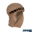 An angled shot of the Dune Skull Wrap. Black HK ARMY logo is stitched into the tan elastic band.