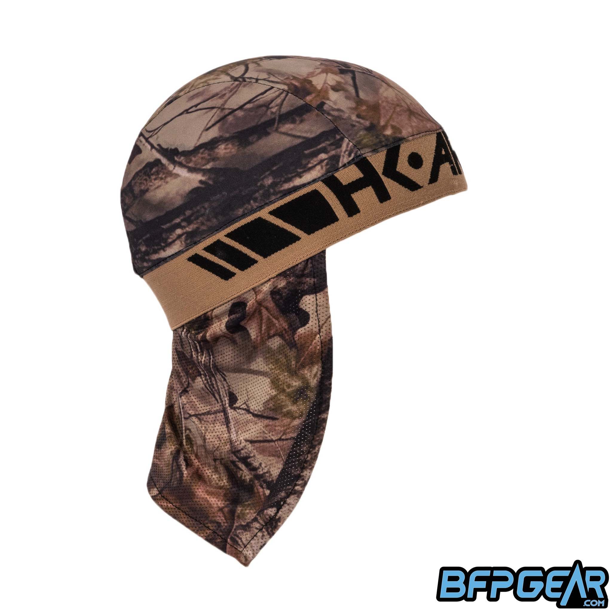 Side view of the Skull Cap in the Forest color way. Mesh lining drapes down the back of the neck to help keep you warm in the cold weather, or to block the sun during hot weather. Elastic band to keep the skull cap secured on you for minimal to zero movement. The elastic band is all black.