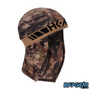 An angled shot of the Forest Skull Wrap. Black HK ARMY logo is stitched into the tan elastic band.