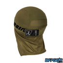 An angled view of the back of the skull cap in the Olive color way. The elastic band secures firmly with velcro, and shows off an HK Army tag on the back. The mesh lining goes from the apex of the back of your head down over your neck for the best ventilation. The retro pattern goes all around the elastic band.