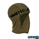 An angled shot of the Stealth Skull Wrap. Black HK ARMY logo is stitched into the olive elastic band.