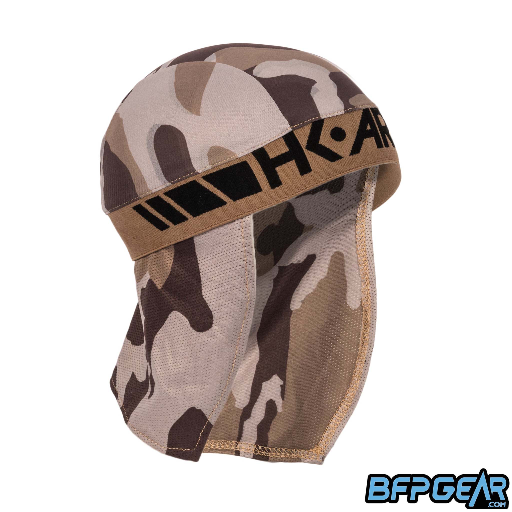 An angled shot of the Sandstorm Skull Wrap. Black HK ARMY logo is stitched into the tan elastic band.