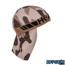 Side view of the Skull Cap in the Sandstorm color way. Mesh lining drapes down the back of the neck to help keep you warm in the cold weather, or to block the sun during hot weather. Elastic band to keep the skull cap secured on you for minimal to zero movement. The elastic band is all black.