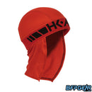 An angled shot of the Scorch Skull Wrap. Black HK ARMY logo is stitched into the red elastic band.