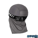 An angled view of the back of the skull cap in the Slate color way. The elastic band secures firmly with velcro, and shows off an HK Army tag on the back. The mesh lining goes from the apex of the back of your head down over your neck for the best ventilation. The retro pattern goes all around the elastic band.
