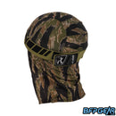 An angled view of the back of the skull cap in the Tigerstripe color way. The elastic band secures firmly with velcro, and shows off an HK Army tag on the back. The mesh lining goes from the apex of the back of your head down over your neck for the best ventilation. The retro pattern goes all around the elastic band.
