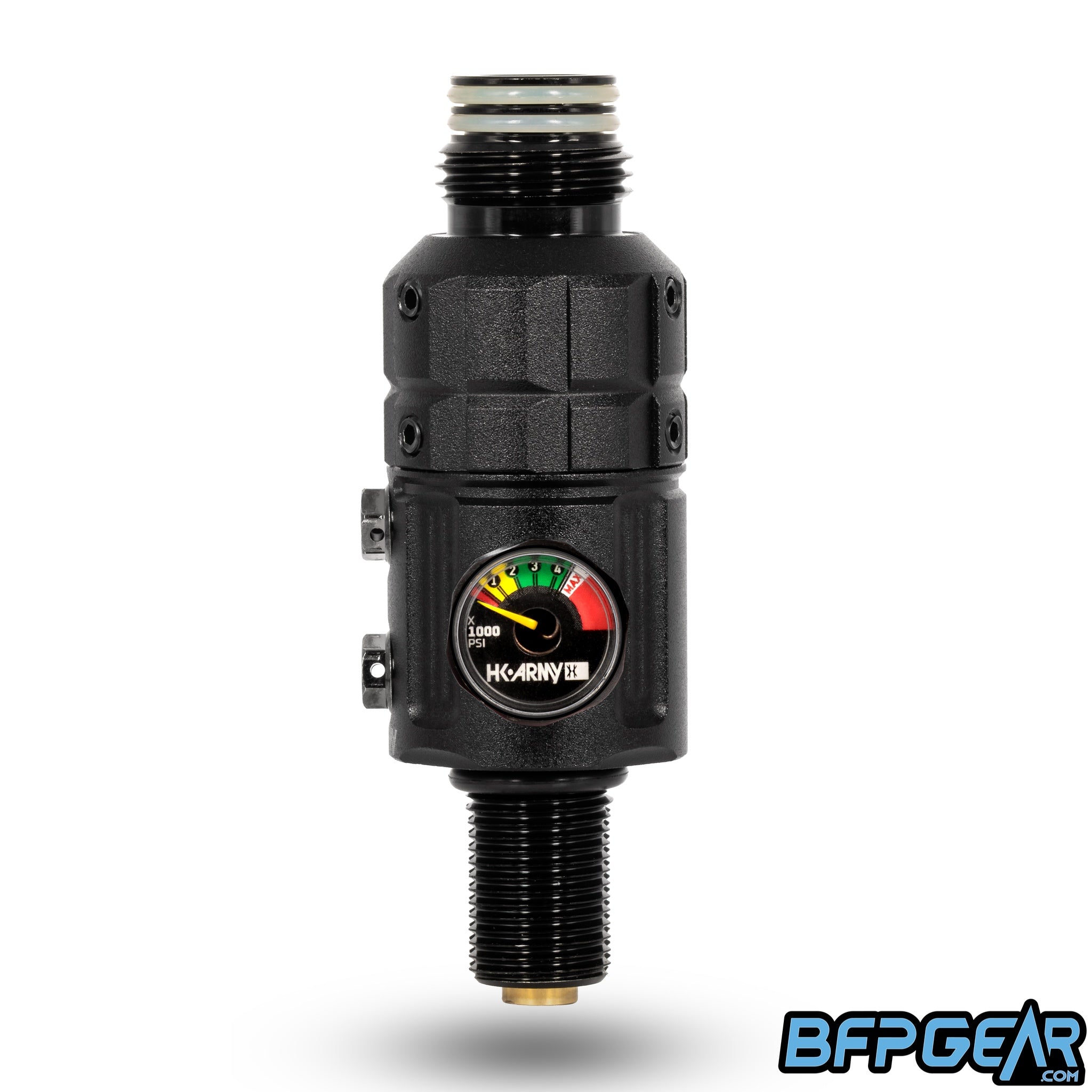 HK Army Turbine Pro Regulator showing CNC-milled body and micro gauge.