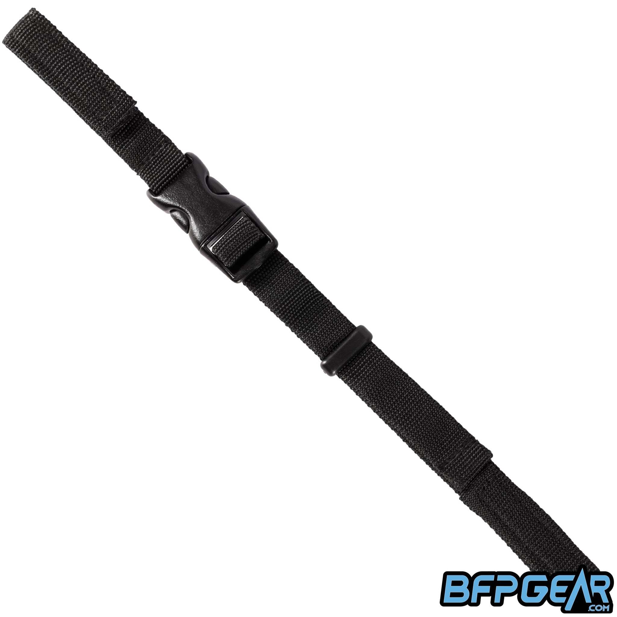 Universal paintball goggle chin strap with side release buckle and adjustable Velcro ends.