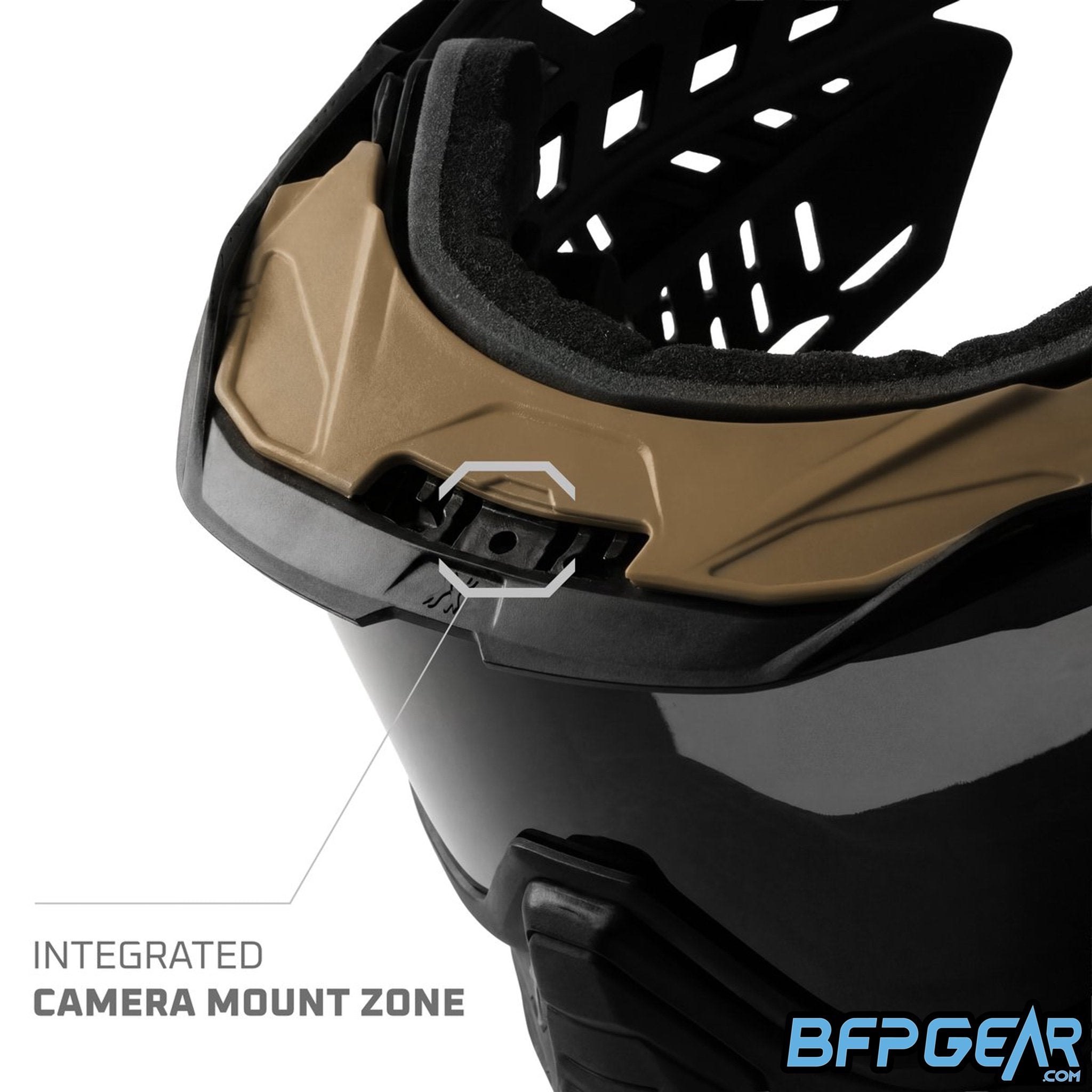 HK Army RMX vent blocker installed on paintball goggle frame to block sunlight and rain with camera mount compatibility