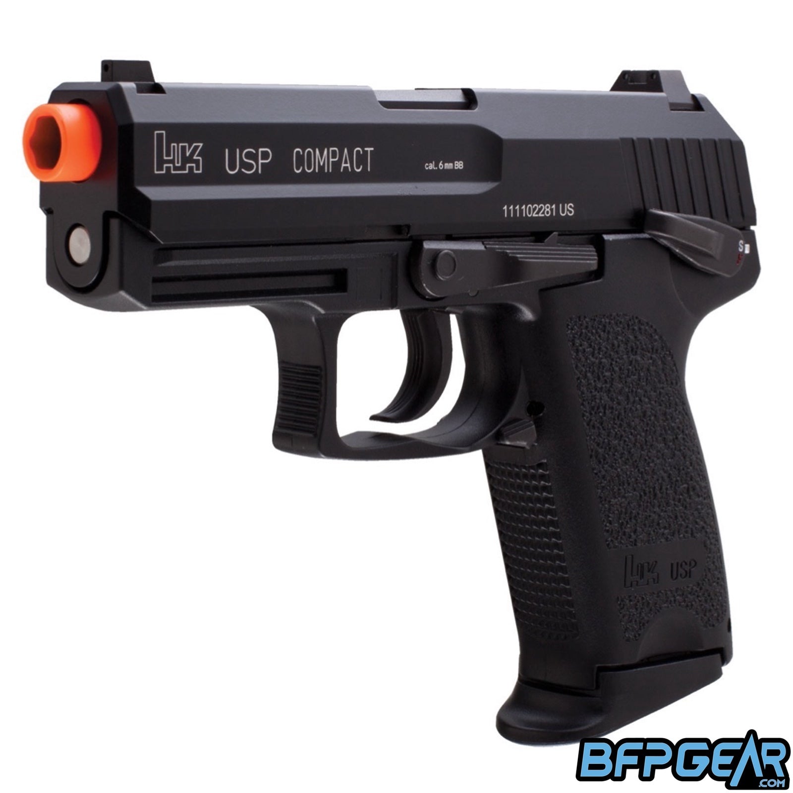 An angled view of the USP Compact gas blow back pistol. Shows the safety switch near the back of the slide.