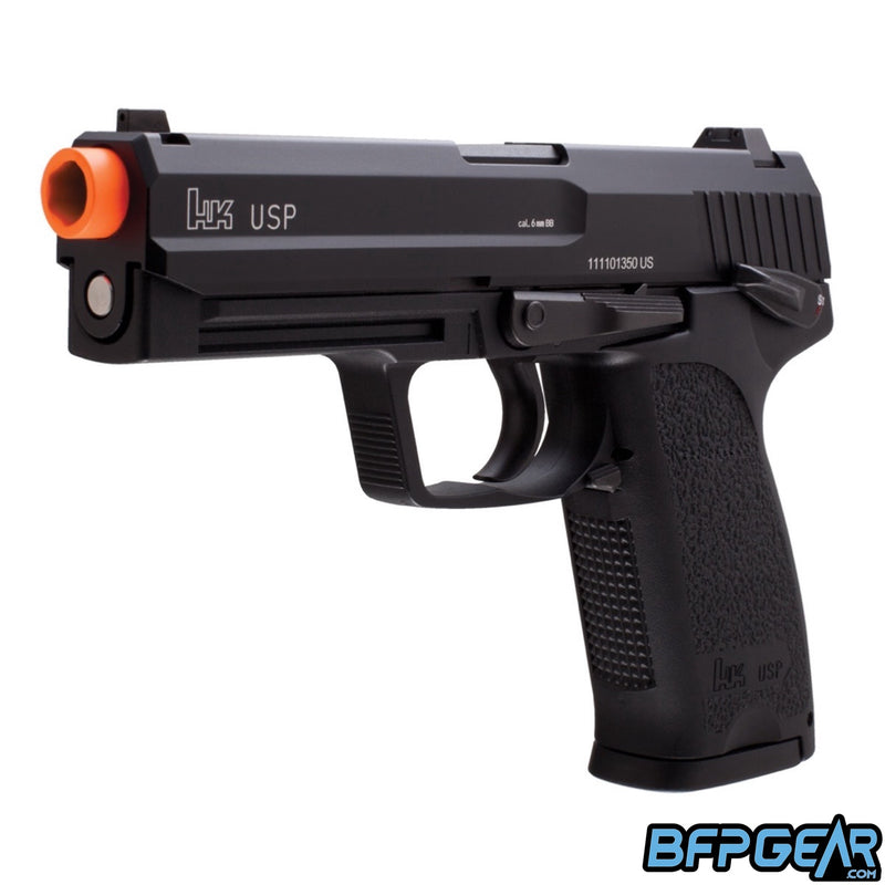 An angled view of the H&K USP Gas blow back pistol. 