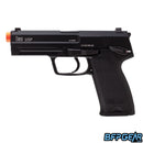 The H&K USP gas blow back airsoft pistol in black. Safety selector is on the back of the slide.