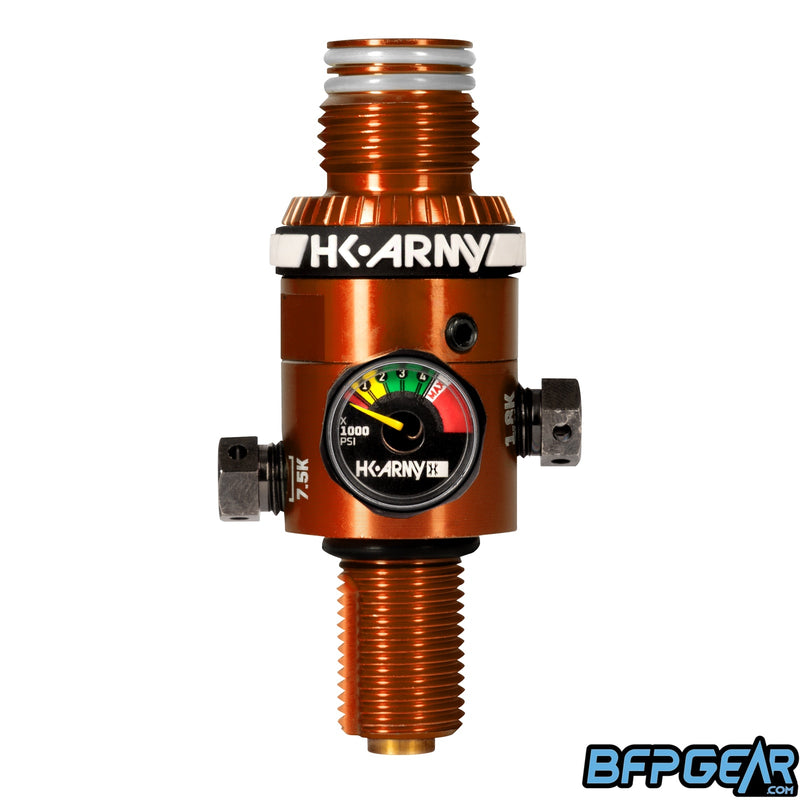 The HP8 regulator in orange. Comes with a color coded air gauge. 