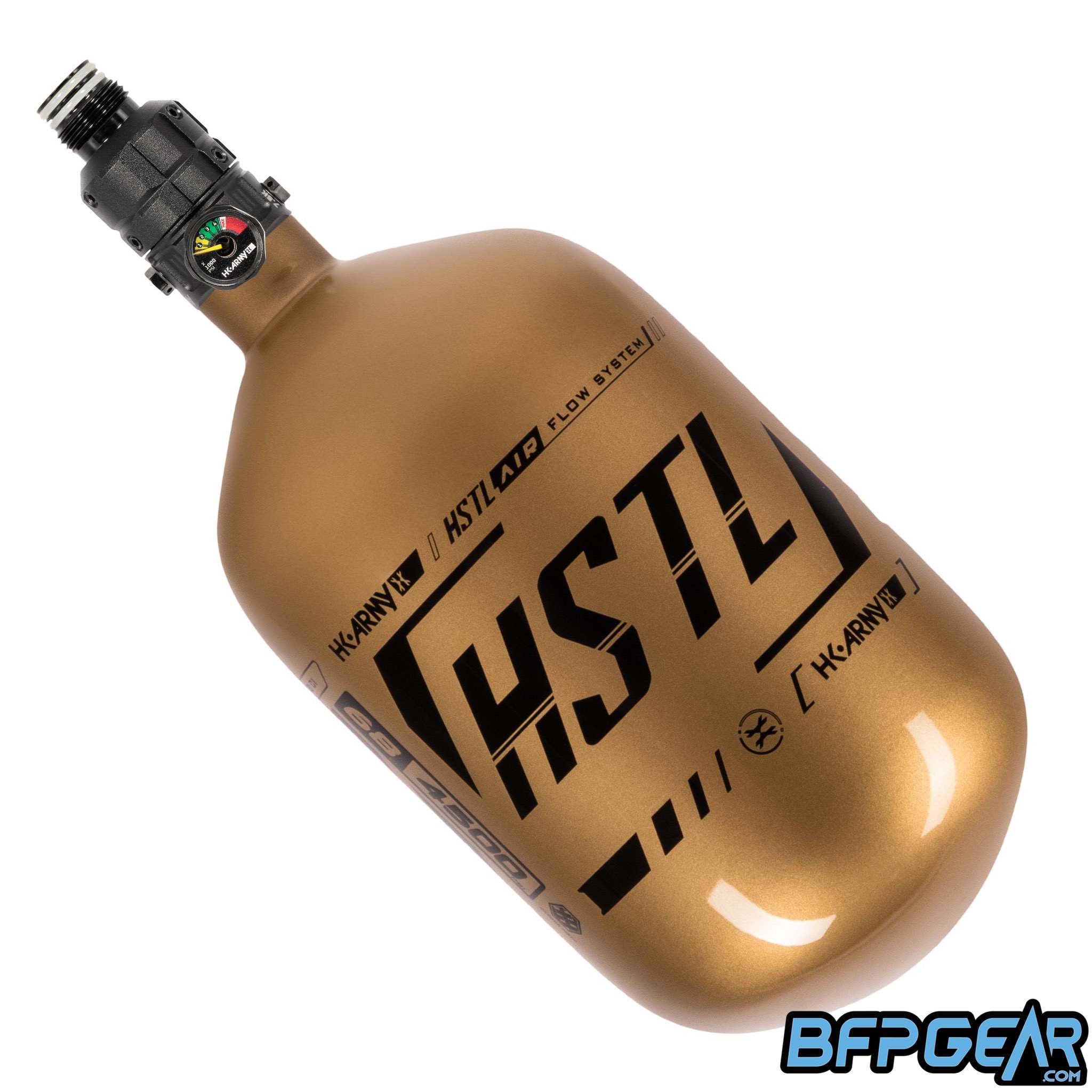 The HK Army HSTL 68ci air tank with the Turbine Regulator on it, in the gold colorway.