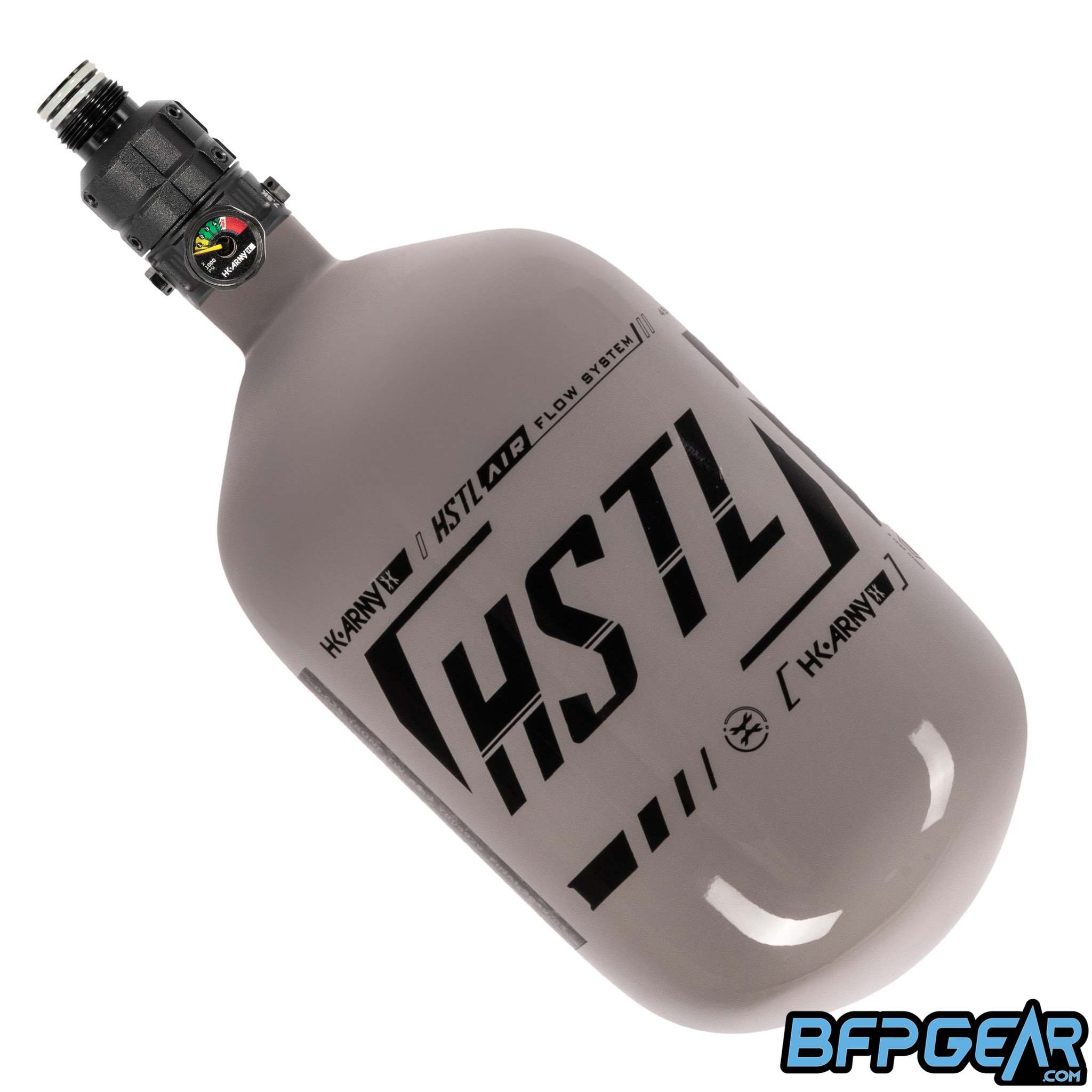The HK Army HSTL 68ci air tank with the Turbine Regulator on it, in the grey colorway.