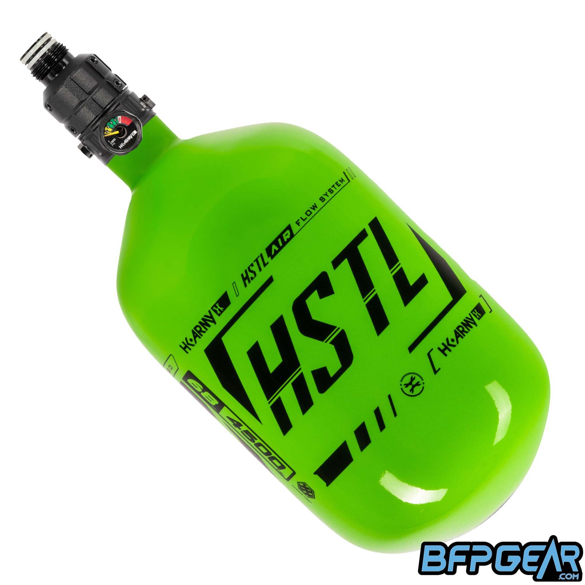 The HK Army HSTL 68ci air tank with the Turbine Regulator on it, in the neon green colorway.