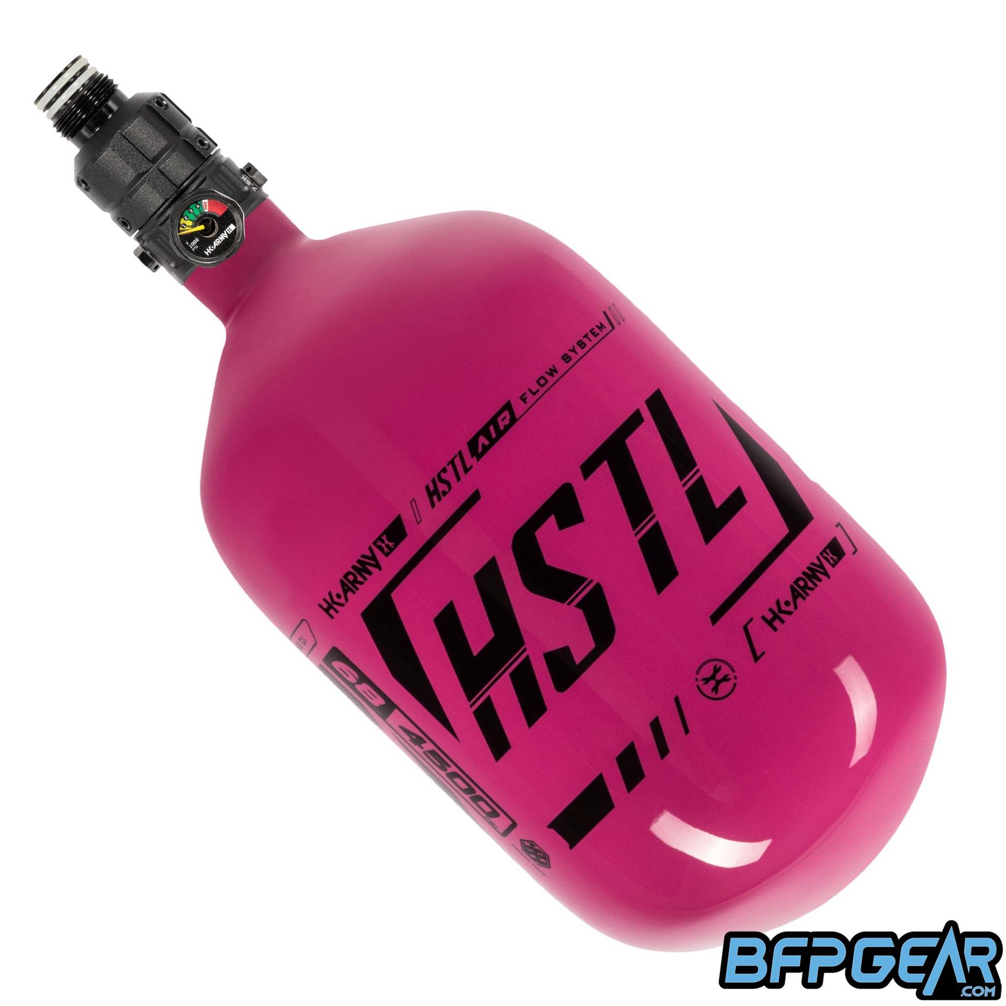 The HK Army HSTL 68ci air tank with the Turbine Regulator on it, in the neon pink colorway.