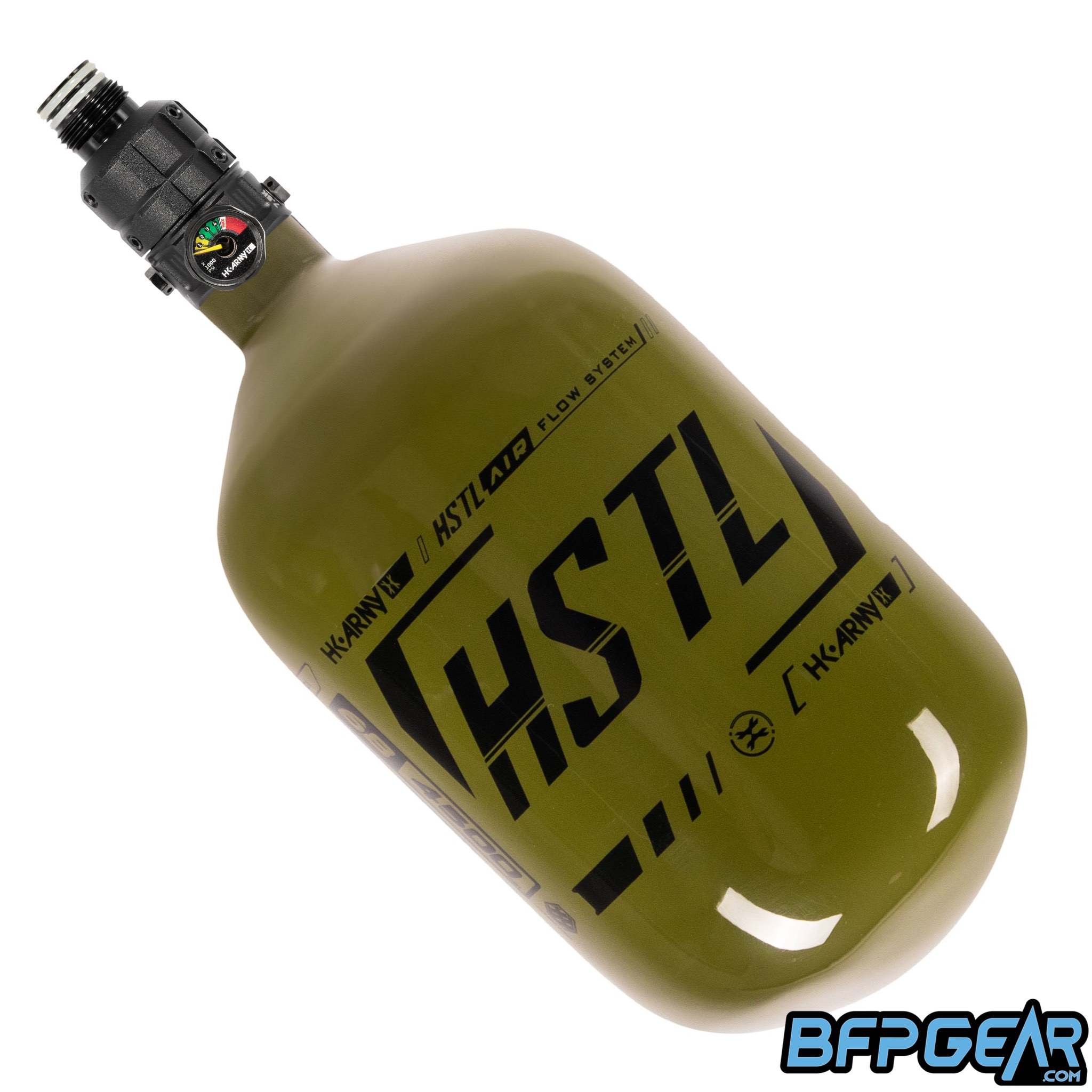 The HK Army HSTL 68ci air tank with the Turbine Regulator on it, in the olive colorway.