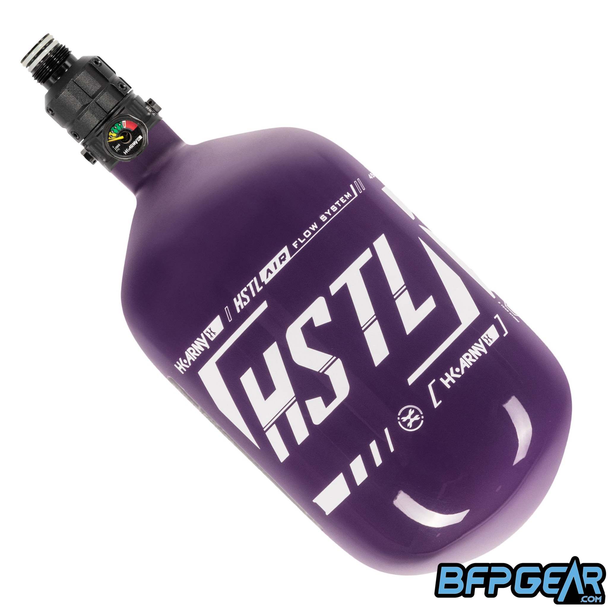 The HK Army HSTL 68ci air tank with the Turbine Regulator on it, in the purple colorway.