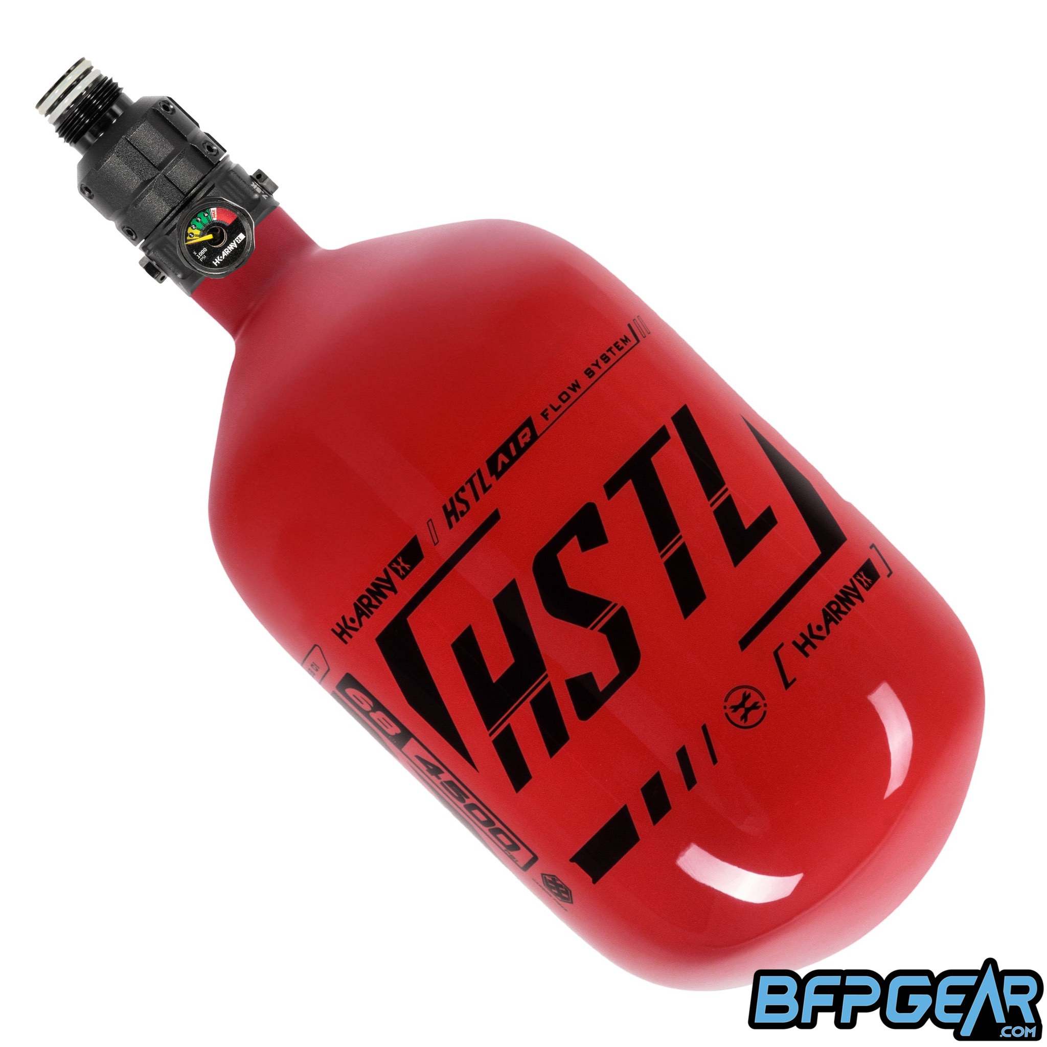 The HK Army HSTL 68ci air tank with the Turbine Regulator on it, in the red colorway.