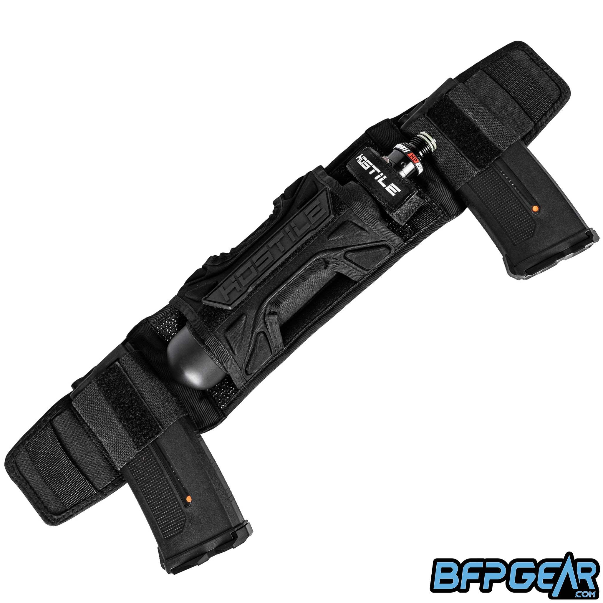 HK Army Hostile Air Link LTS Airsoft Tank Holster – Velcro harness attachment system with compression sleeve, anti-slip back plate, hose guides, and Mag Cell holsters.