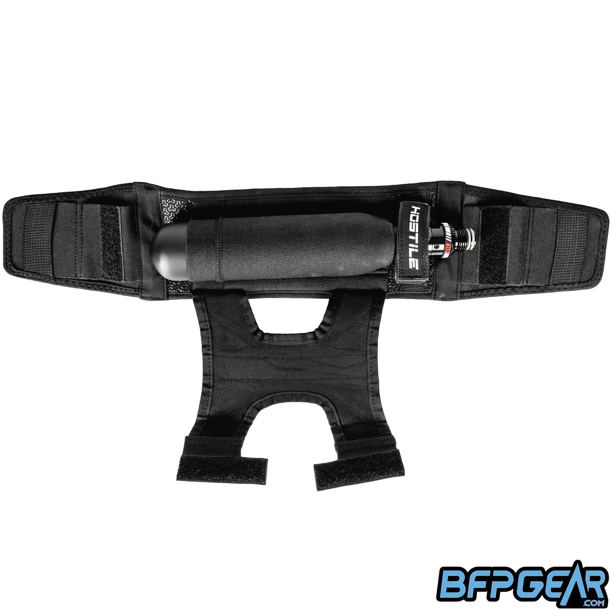 HK Army Hostile Air Link LTS Airsoft Tank Holster – Velcro harness attachment system with compression sleeve, anti-slip back plate, hose guides, and Mag Cell holsters.