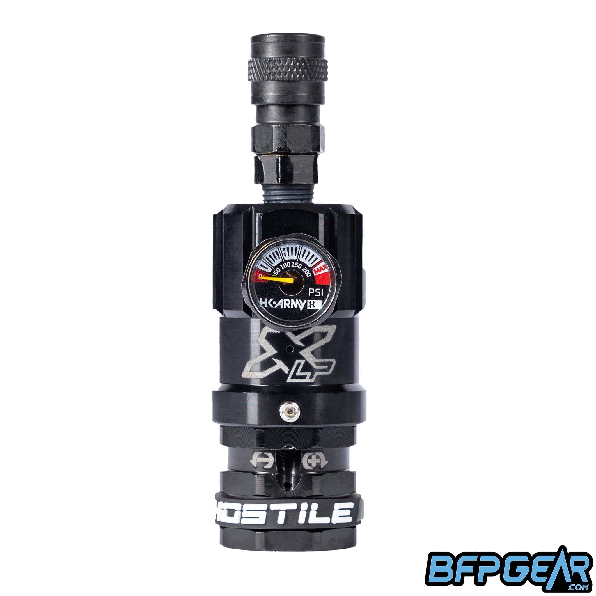 Hostile Airsoft XLP Regulator with adjustable 40–150psi output, quick disconnect fitting, and anodized color options for competitive airsoft players.
