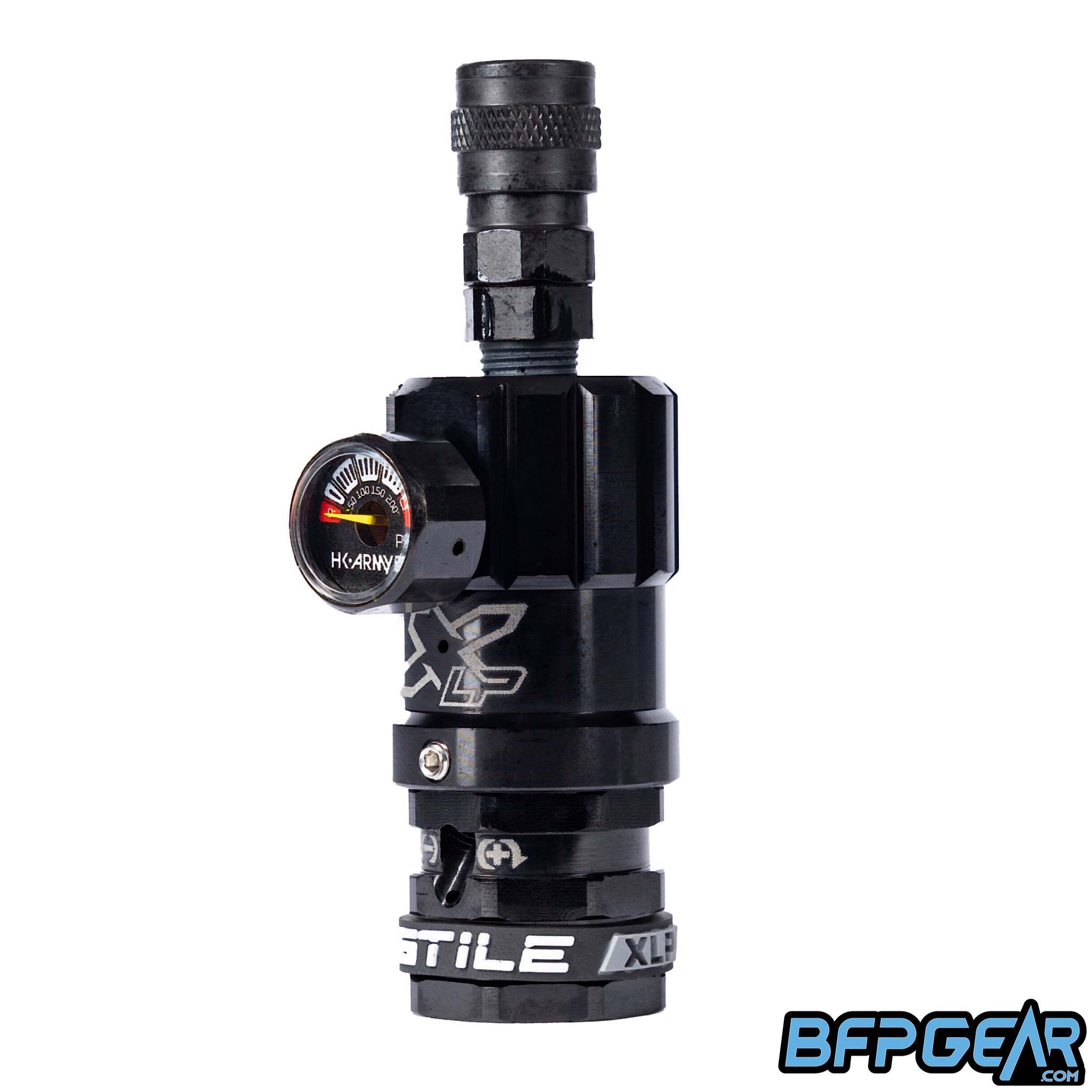 Hostile Airsoft XLP Regulator with adjustable 40–150psi output, quick disconnect fitting, and anodized color options for competitive airsoft players.