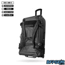 The Infamous 102L Roller Gearbag, Gen 3 in black. Has two wheels on the bottom to roll your gear around, or you can use the backpack straps to carry your gearbag.