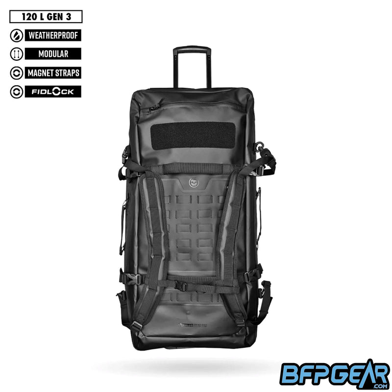 Full front facing photo of the 120L Roller Gearbag. Multiple straps help secure and keep the backpack straps together.