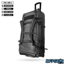 The Infamous 120L Roller Gearbag, Gen 3 in black. Has two wheels on the bottom to roll your gear around, or you can use the backpack straps to carry your gearbag.