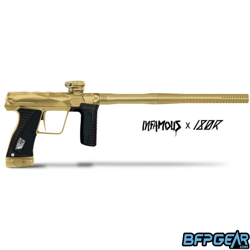 The Infamous Planet Eclipse GTEK 180R in the Cartel color way. This marker is all gold and has a private label milling pattern that is highly limited.
