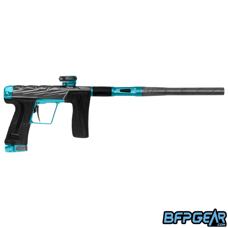 The Infamous cut GEO R5 by Planet Eclipse. The signature diamond skull pattern that is found on the CS3 is also on this marker. Color way is called Glacier, dark grey body with teal accents.