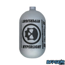 Infamous Hyperlight 68ci paintball tank, ultra-lightweight carbon fiber, matte silver and black, compact design, made in USA, for competitive paintball players.