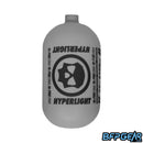 Infamous Hyperlight 68ci paintball tank, ultra-lightweight carbon fiber, matte grey and black, compact design, made in USA, for competitive paintball players.