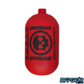 Infamous Hyperlight 68ci paintball tank, ultra-lightweight carbon fiber, matte red and black, compact design, made in USA, for competitive paintball players.