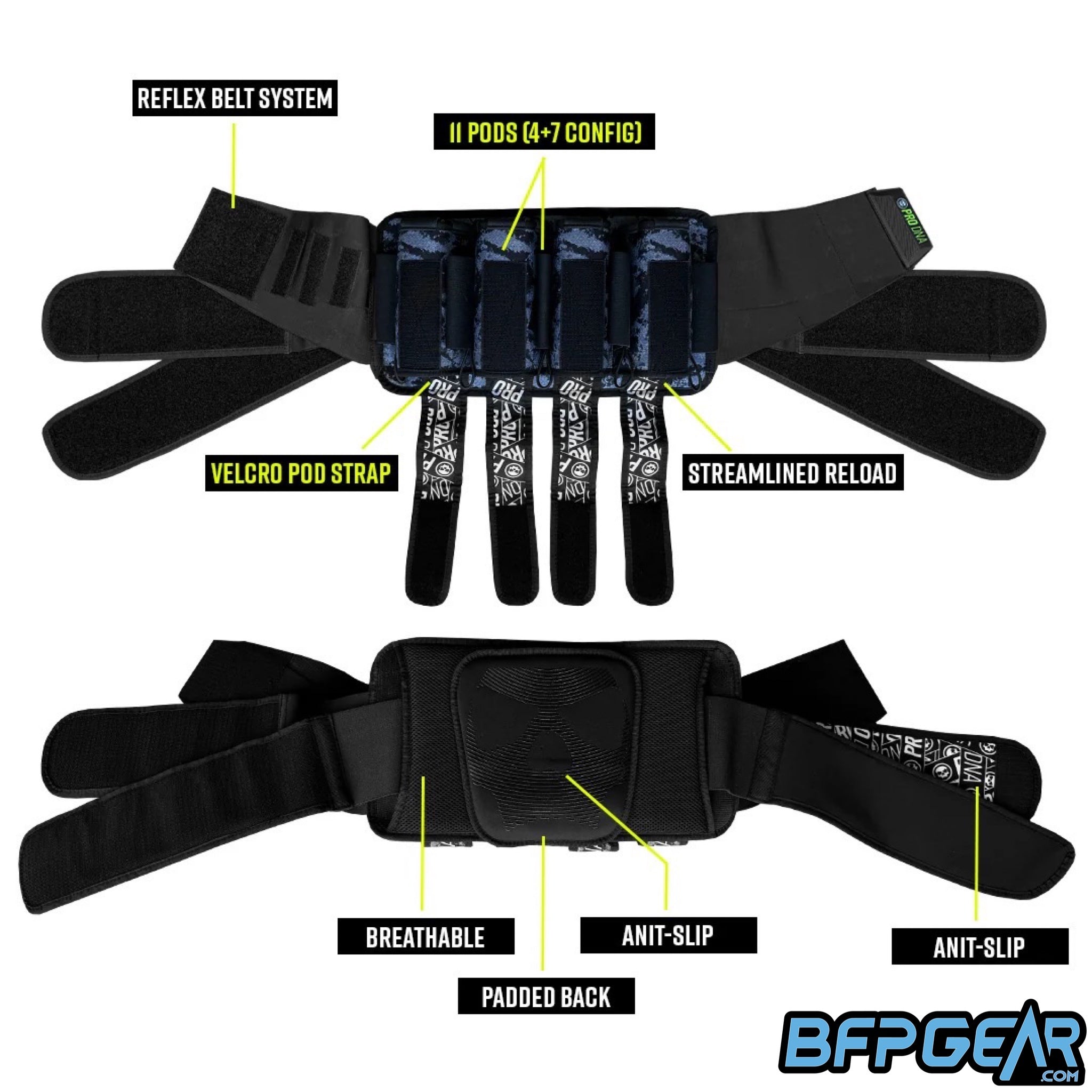 The Lockdown harness is packed with features for a strapped pod pack. Features include 4+7 pod capacity, reflex belt system, anti-slip back pad, and velcro pod straps.