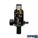 Powerhouse Counterpunch Competition Regulator, black and gold splash, mid-body size, adjustable output, paintball tank regulator, pro-level performance.