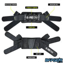 This photo goes over the features of the Overlord harness. Key features include 4+7 pod capacity, anti-slip material, padded back for lumbar support, reflex belt system, and the added Overlord belt.